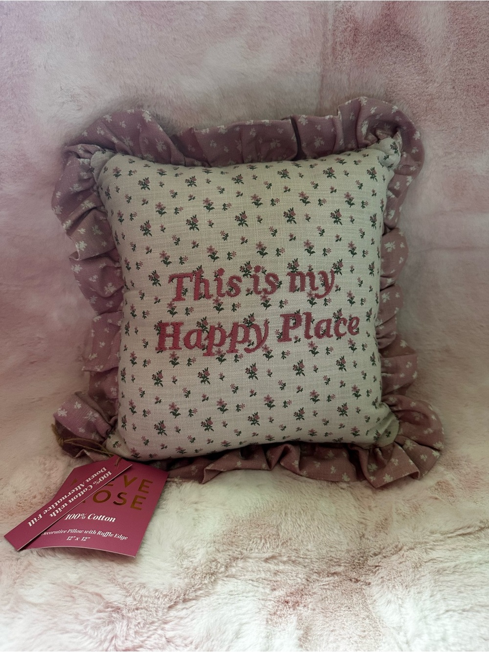 This Is My Happy Place - Pink Floral Decorative Pillow Maeve & Rose NWT